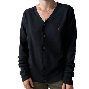 All Saints Womens Navy Blue 100% Wool Preppy Minimalist V Neck Cardigan Sz L